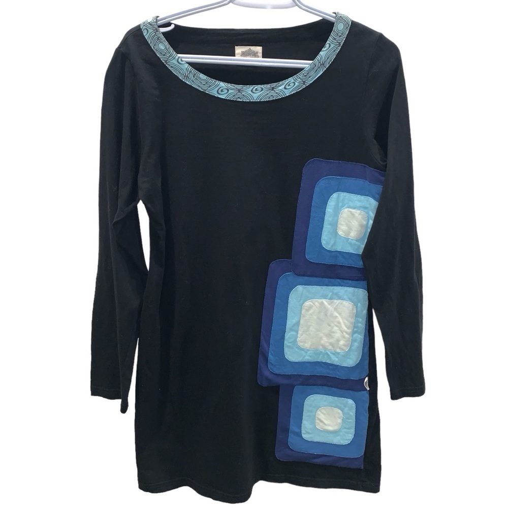 Adria Mode Black Blue Patch Embellishment Organic Cotton Dress Tunic size L